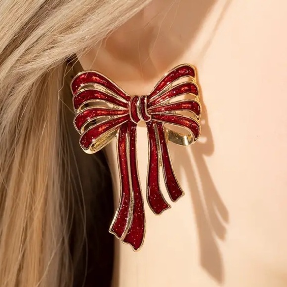 Red Bow Christmas Holiday Gold Toned Stud Earrings - Picture 2 of 2